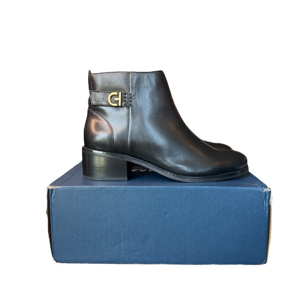NWB Cole Haan Holis Black Ankle Booties with Gold‎ Buckle